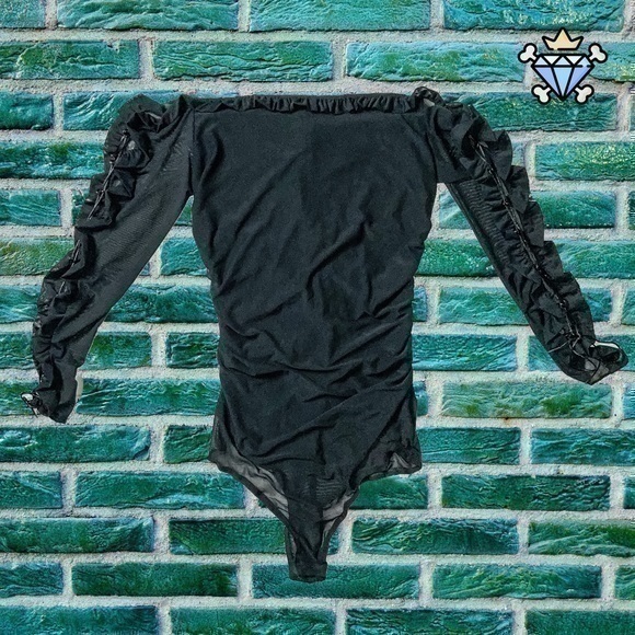 PRETTY LITTLE THING BLACK MESH FRILL TOP EDGE BODYSUIT SIZE 8 WOMENS - Picture 1 of 13